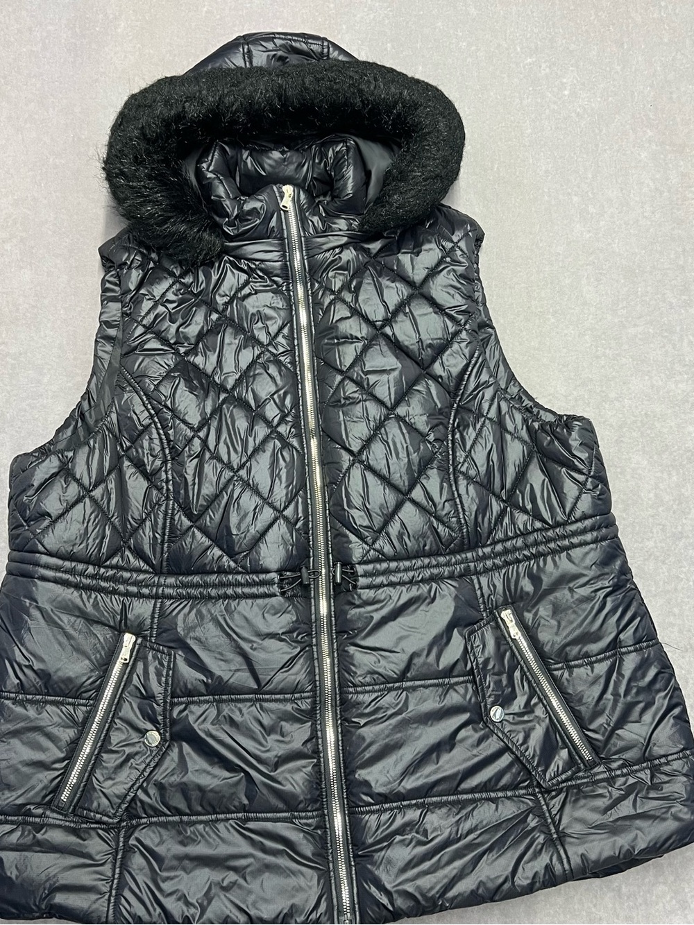 Michael Kors Black Quilted Puffer Vest with Faux Fur Hood Trim